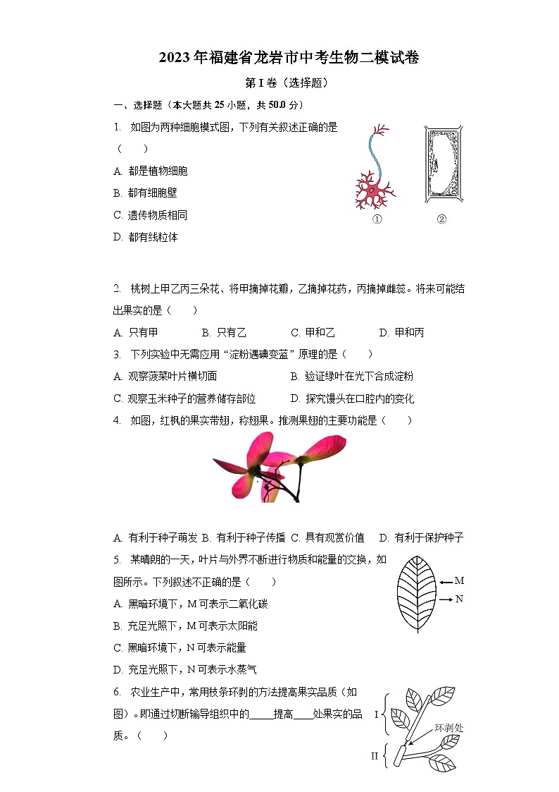 2023年福建省龙岩市中考生物二模试卷（含解析）01