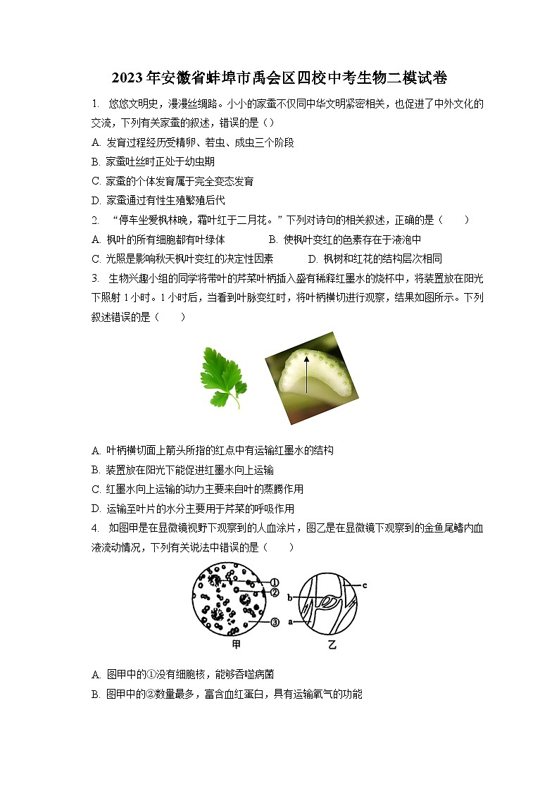 2023年安徽省蚌埠市禹会区四校中考生物二模试卷（含答案解析）01
