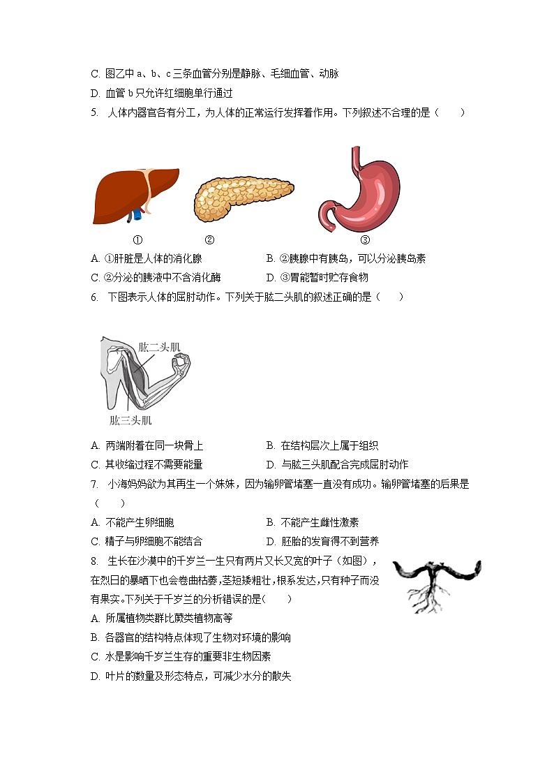2023年安徽省蚌埠市禹会区四校中考生物二模试卷（含答案解析）02