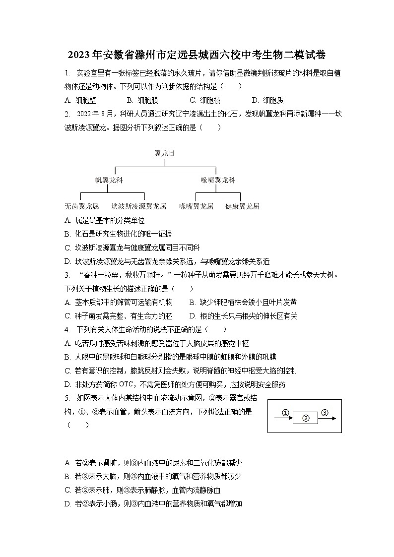 2023年安徽省滁州市定远县城西六校中考生物二模试卷（含答案解析）第1页