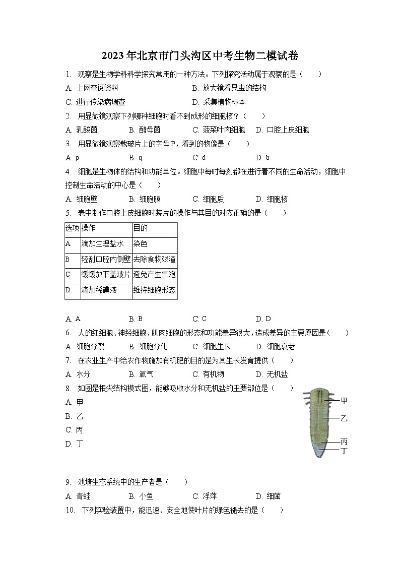 2023年北京市门头沟区中考生物二模试卷（含答案解析）第1页
