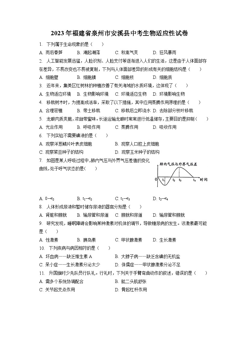 2023年福建省泉州市安溪县中考生物适应性试卷（含答案解析）第1页