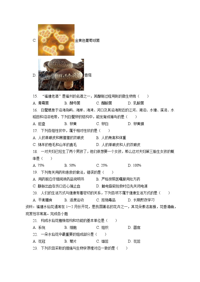 2023年福建省泉州市永春县中考生物模拟试卷（含答案解析）03