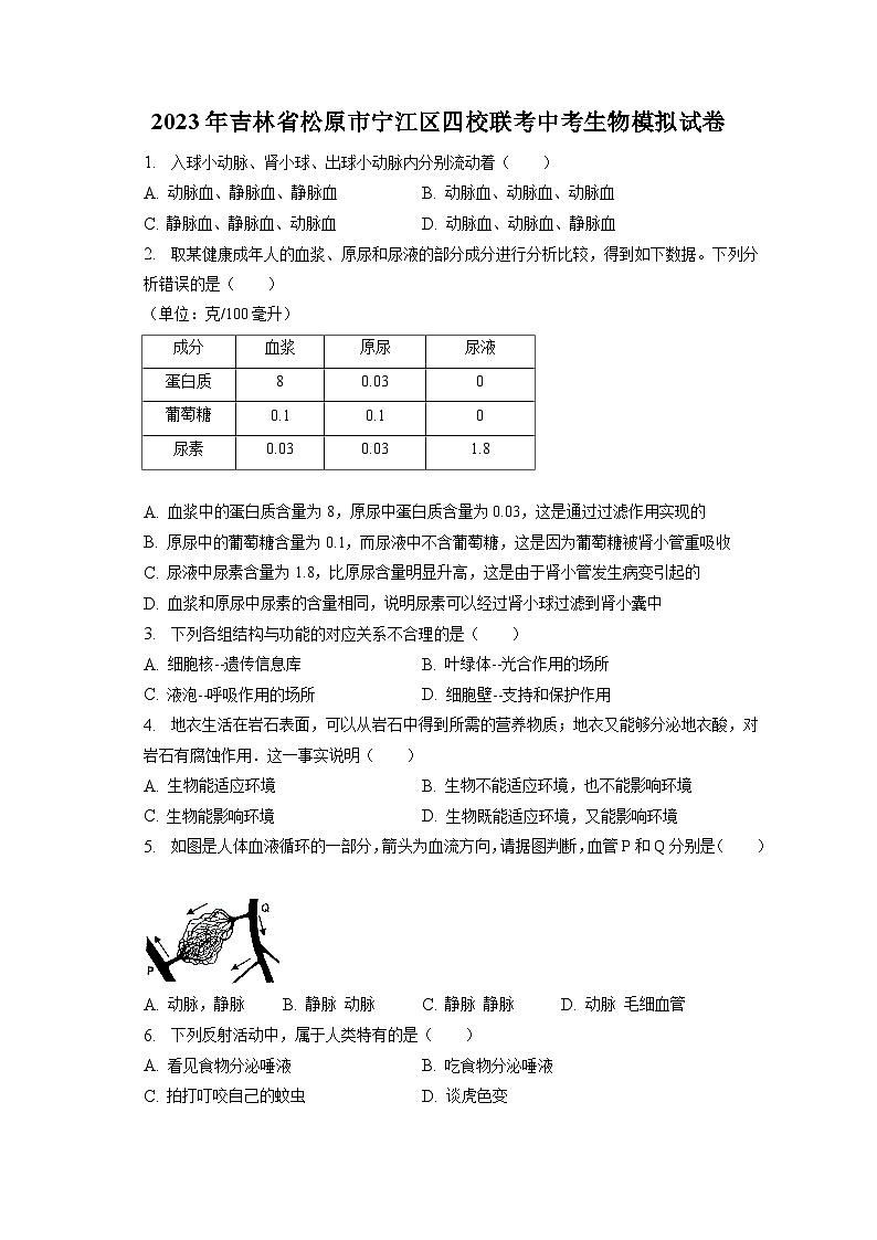 2023年吉林省松原市宁江区四校联考中考生物模拟试卷（含答案解析）01