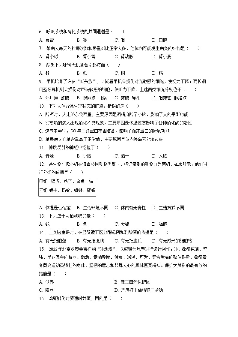 2023年吉林省长春市中考生物模拟试卷（二）（含答案解析）02