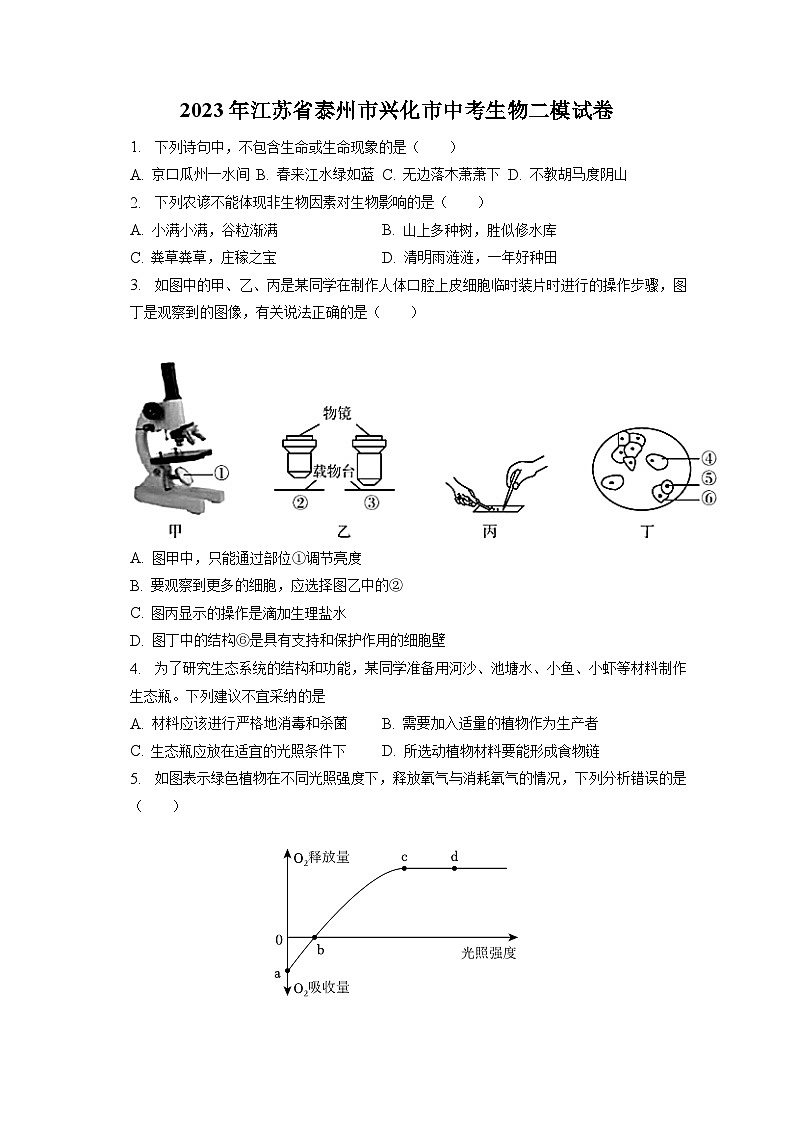 2023年江苏省泰州市兴化市中考生物二模试卷（含答案解析）01