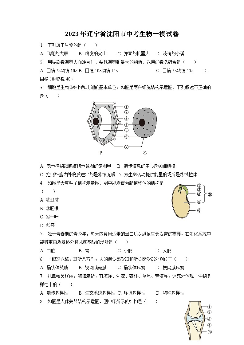 2023年辽宁省沈阳市中考生物一模试卷（含答案解析）01