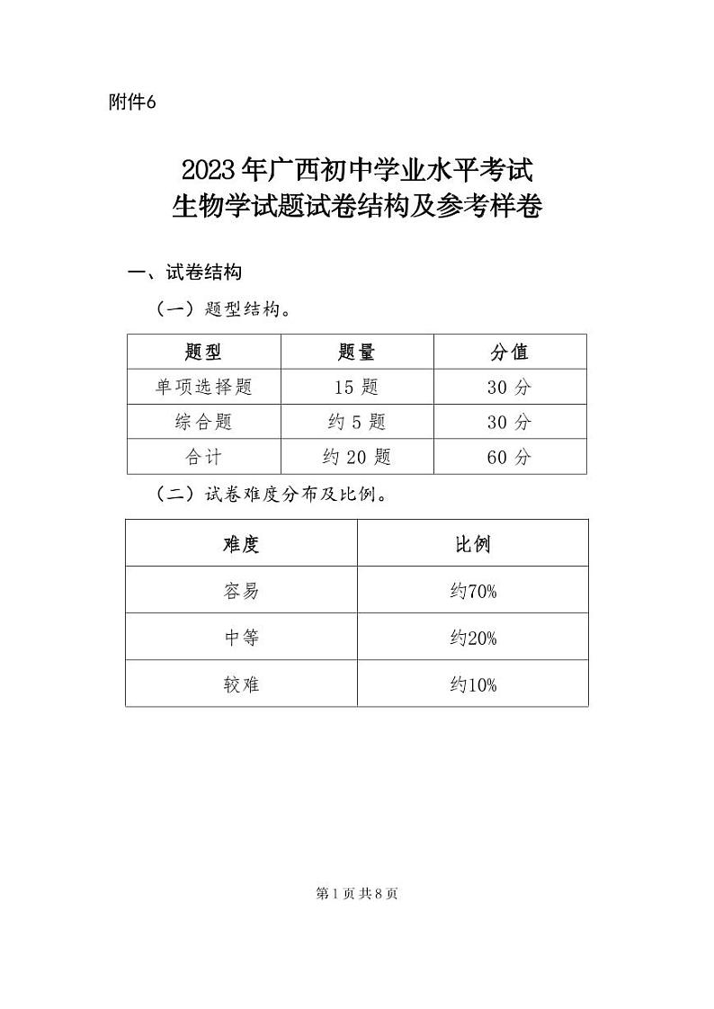6.2023年广西初中学业水平考试生物学试题试卷结构及参考样卷01