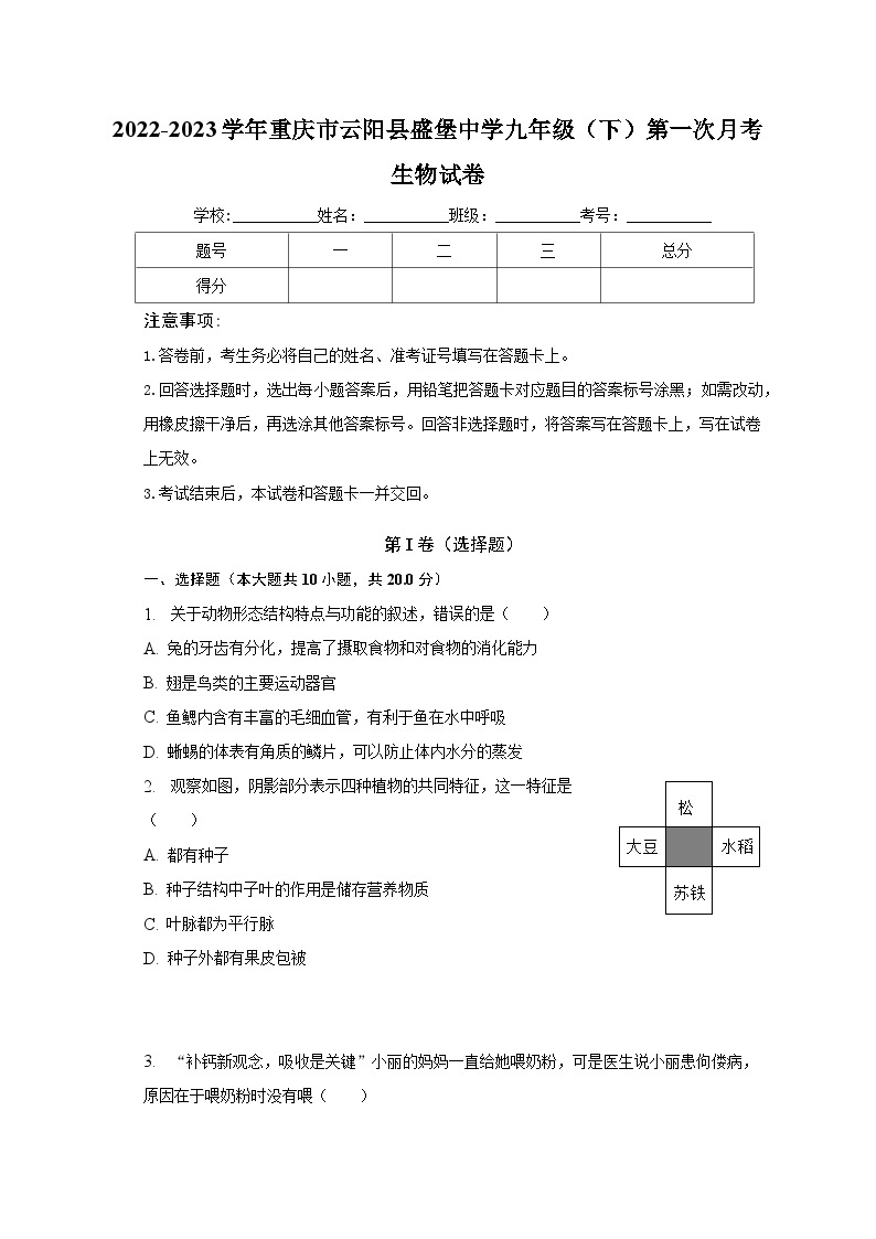 2022-2023学年重庆市云阳县盛堡中学九年级（下）第一次月考生物试卷（含解析）01