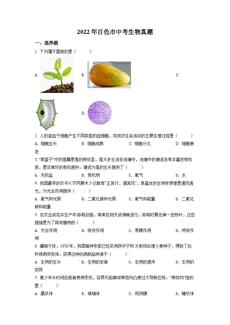 2022年百色市中考生物真题01