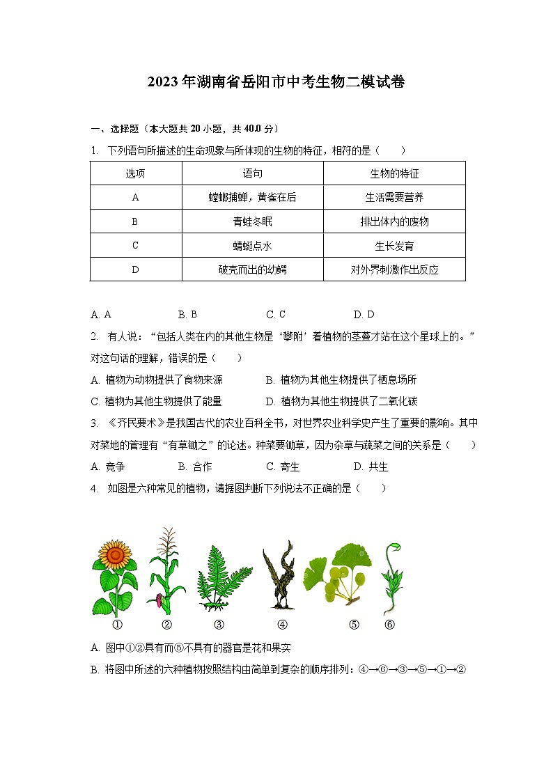 2023年湖南省岳阳市中考生物二模试卷第1页