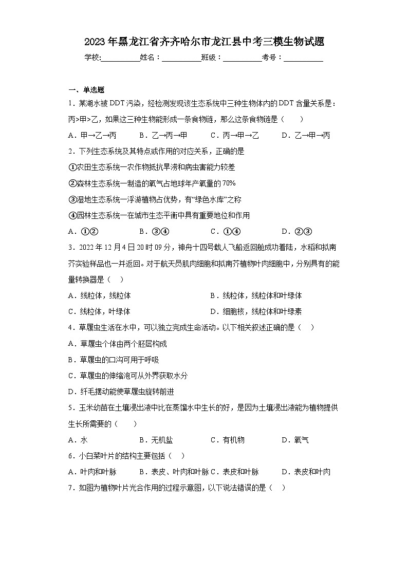 2023年黑龙江省齐齐哈尔市龙江县中考三模生物试题（含解析）01