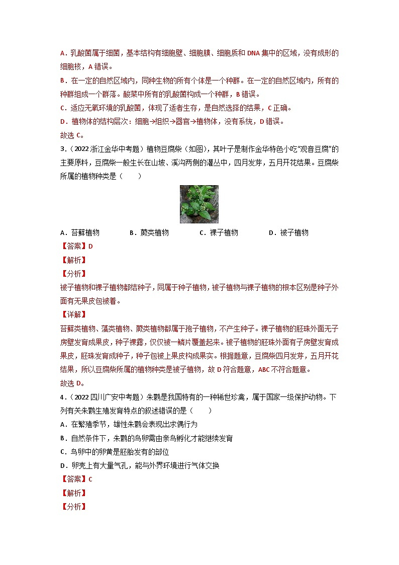 专题09 植物、动物和微生物类群-中考生物真题分项汇编（全国通用）（第3期）02