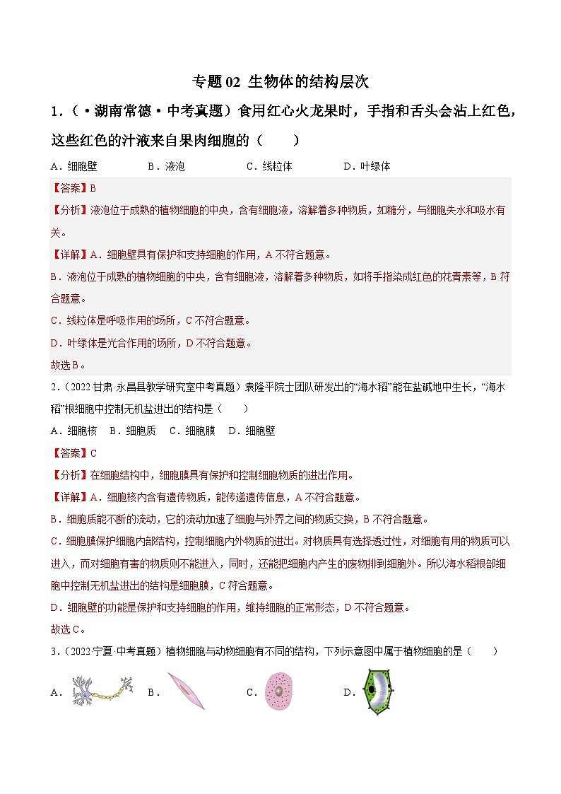 专题02 生物体的结构层次-中考生物真题分项汇编（全国通用）（第4期）（解析版）第1页