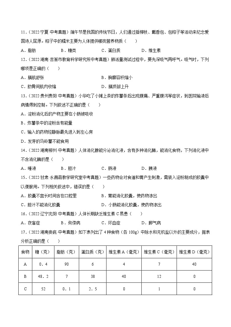 专题05 人体的营养和呼吸-中考生物真题分项汇编（全国通用）（第4期）02