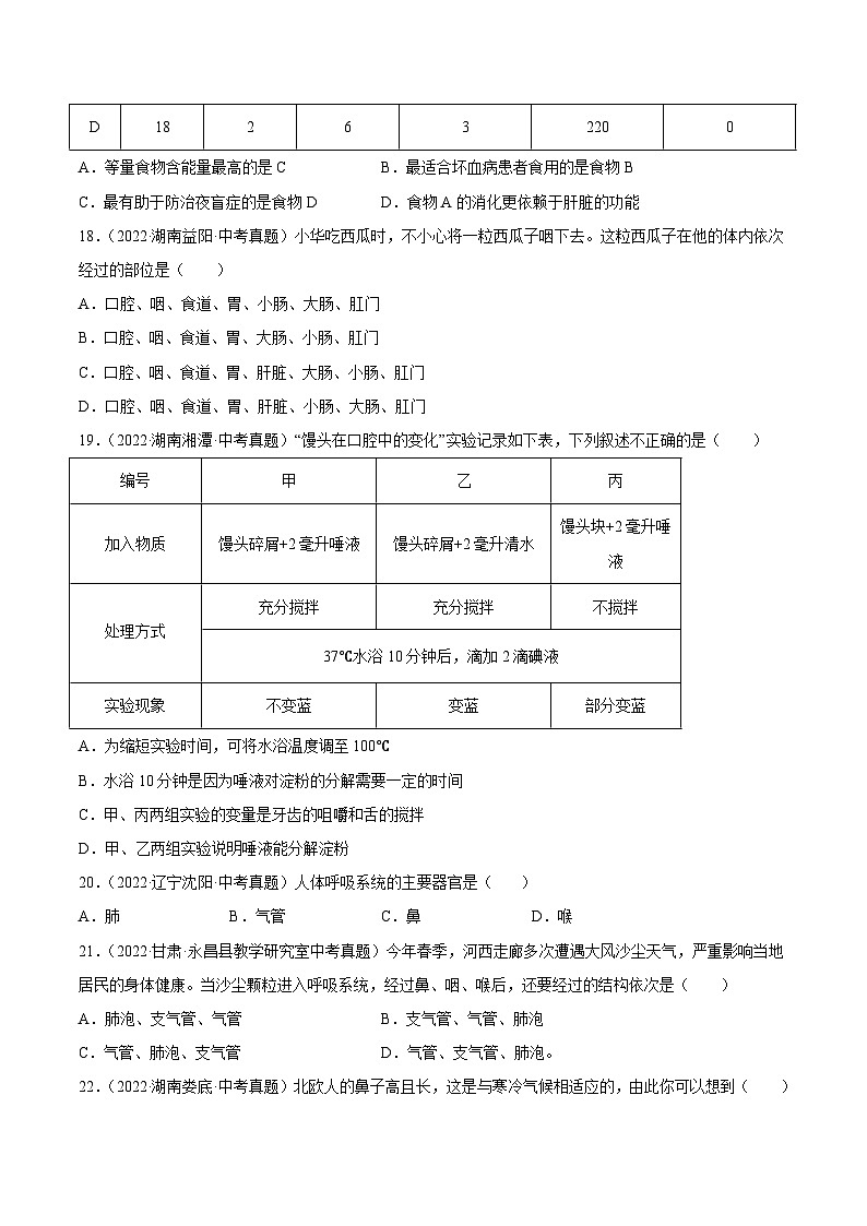 专题05 人体的营养和呼吸-中考生物真题分项汇编（全国通用）（第4期）03