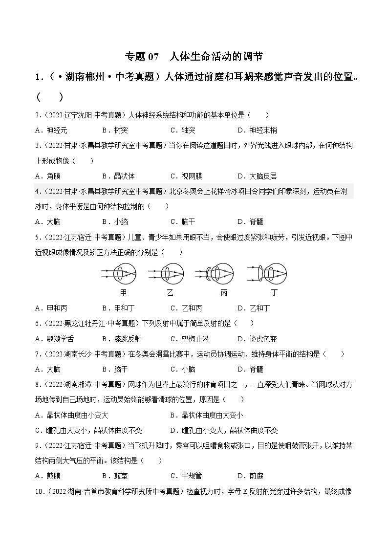 专题07 人体生命活动的调节-中考生物真题分项汇编（全国通用）（第4期）01