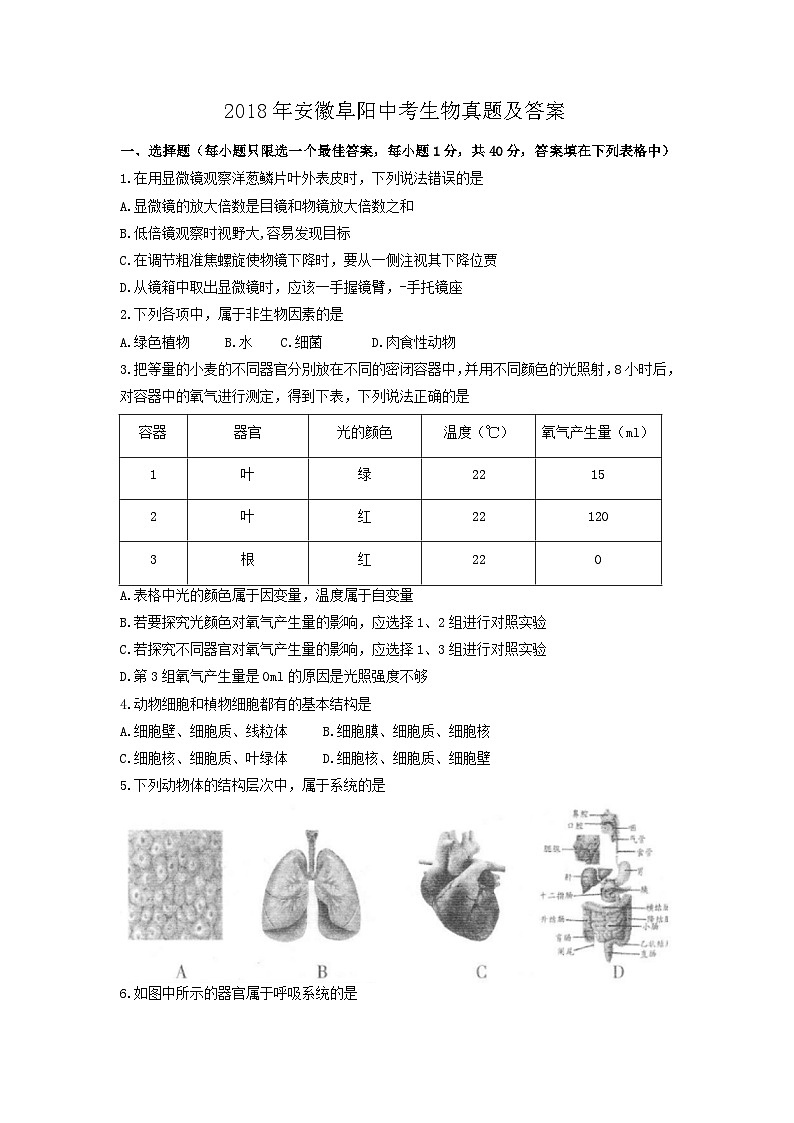 _2018年安徽阜阳中考生物真题及答案第1页