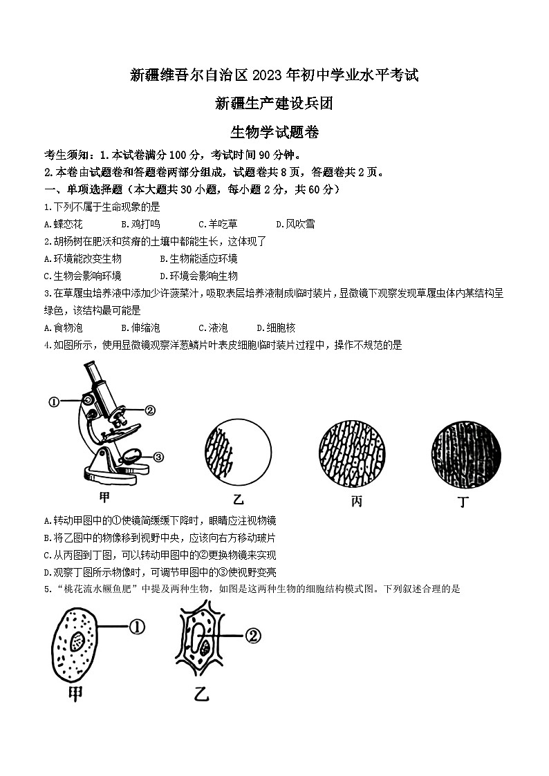 2023年新疆维吾尔自治区新疆生产建设兵团中考生物真题及参考答案01