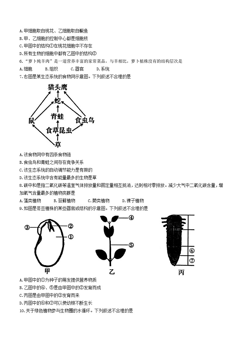 2023年新疆维吾尔自治区新疆生产建设兵团中考生物真题及参考答案02