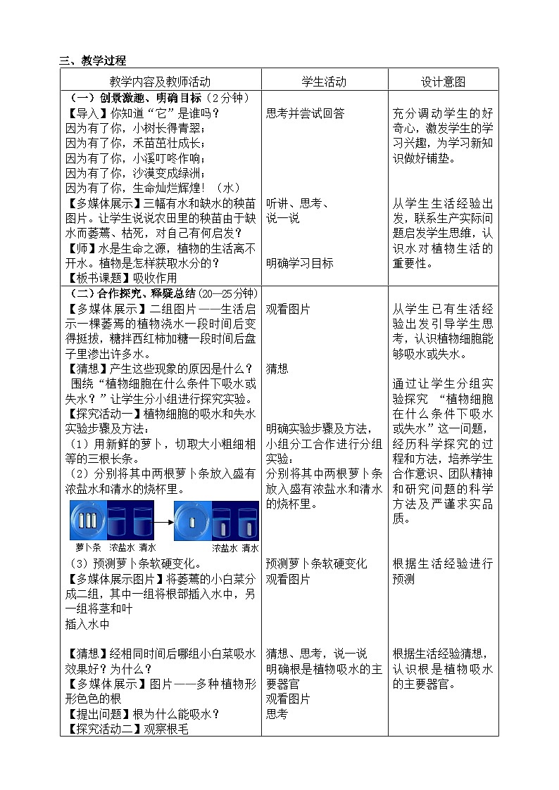 北师大版七年级上册生物教学设计 第5章 绿色开花植物的生活方式 第3节 吸收作用第2页