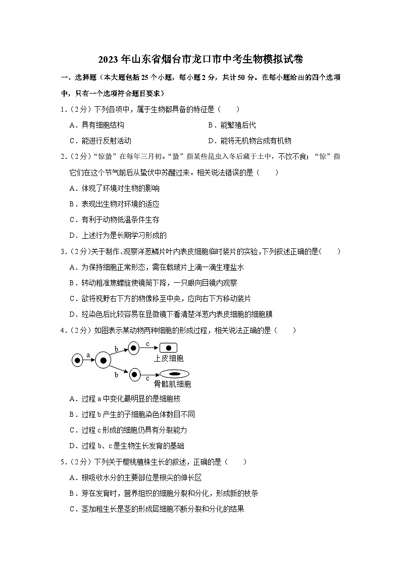 2023年山东省烟台市龙口市中考生物模拟试卷(含答案)第1页