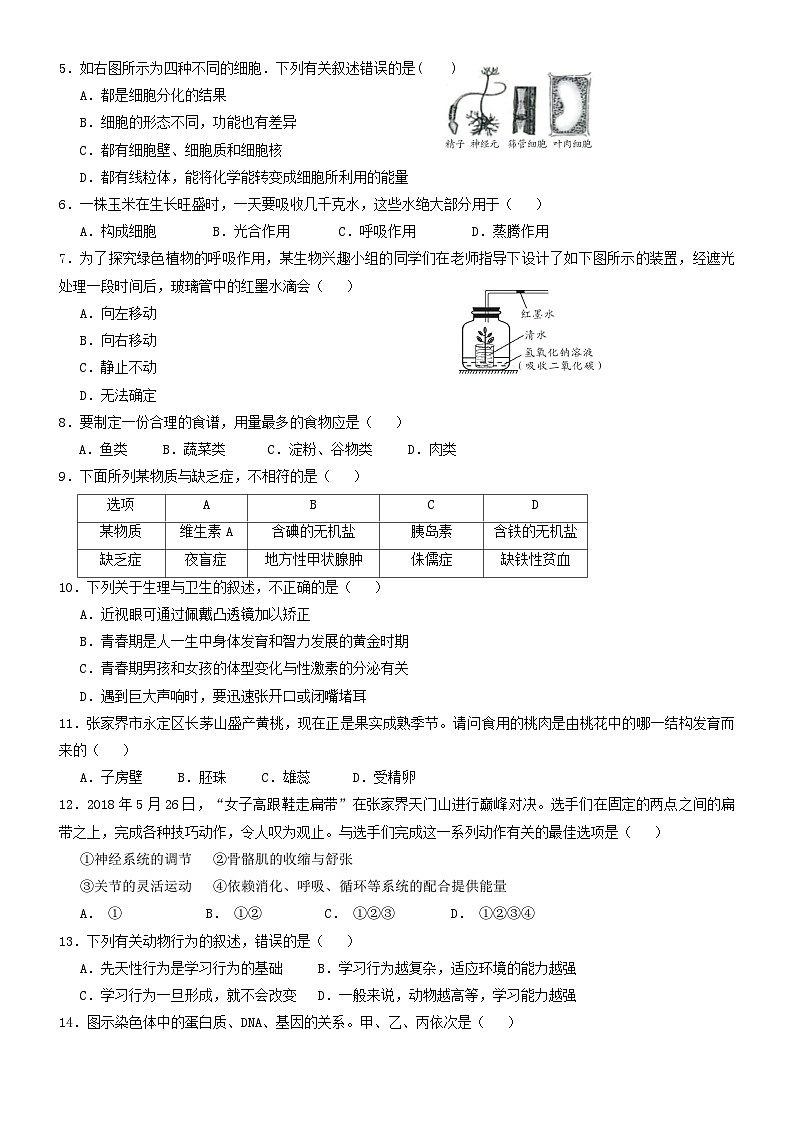 _2019年吉林辽源中考生物真题及答案02