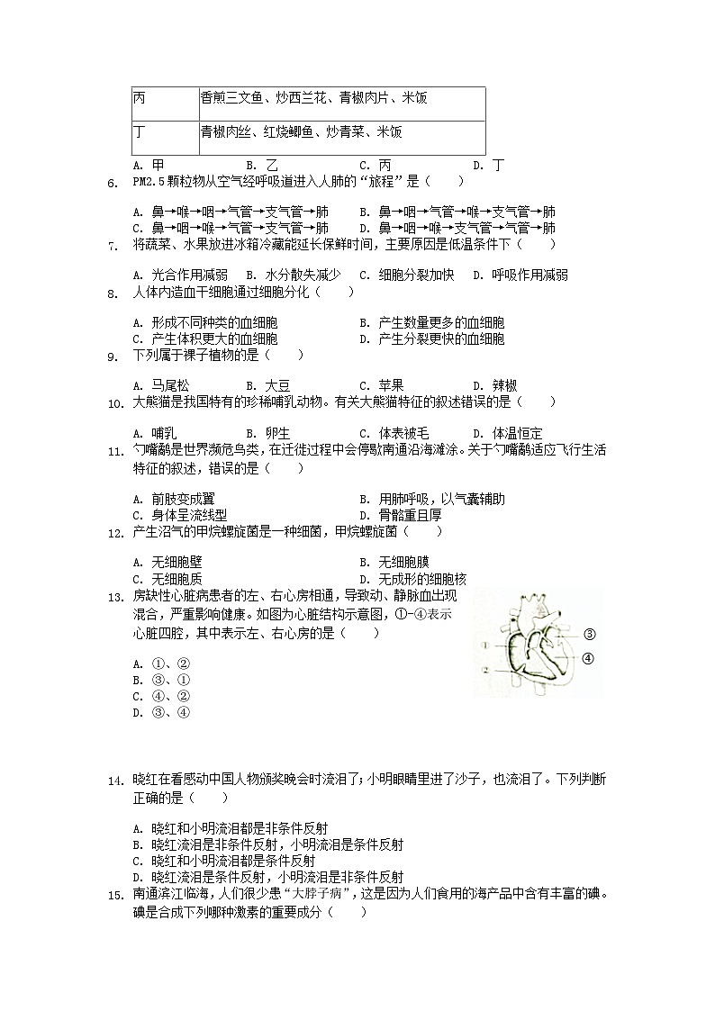 _2019年江苏南通中考生物真题及答案02