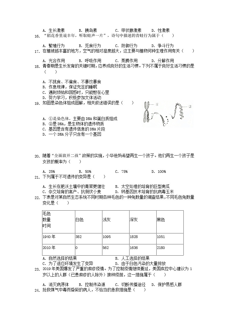 _2019年江苏南通中考生物真题及答案03