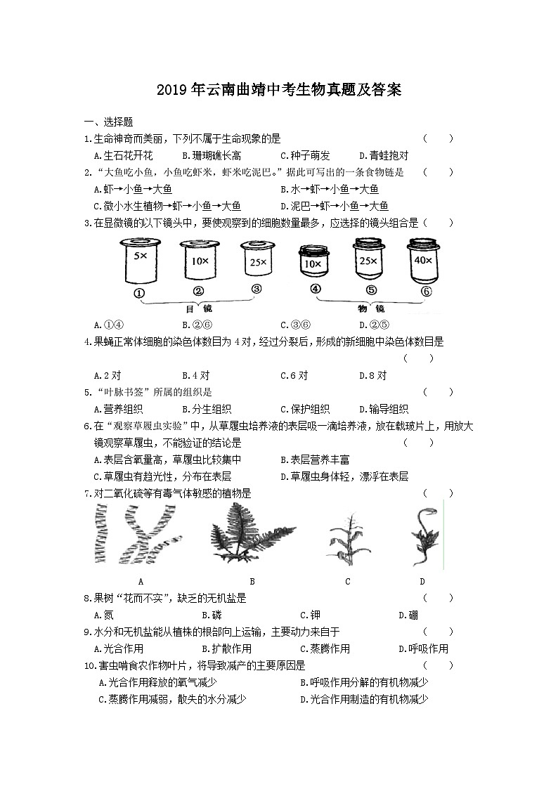 _2019年云南曲靖中考生物真题及答案01