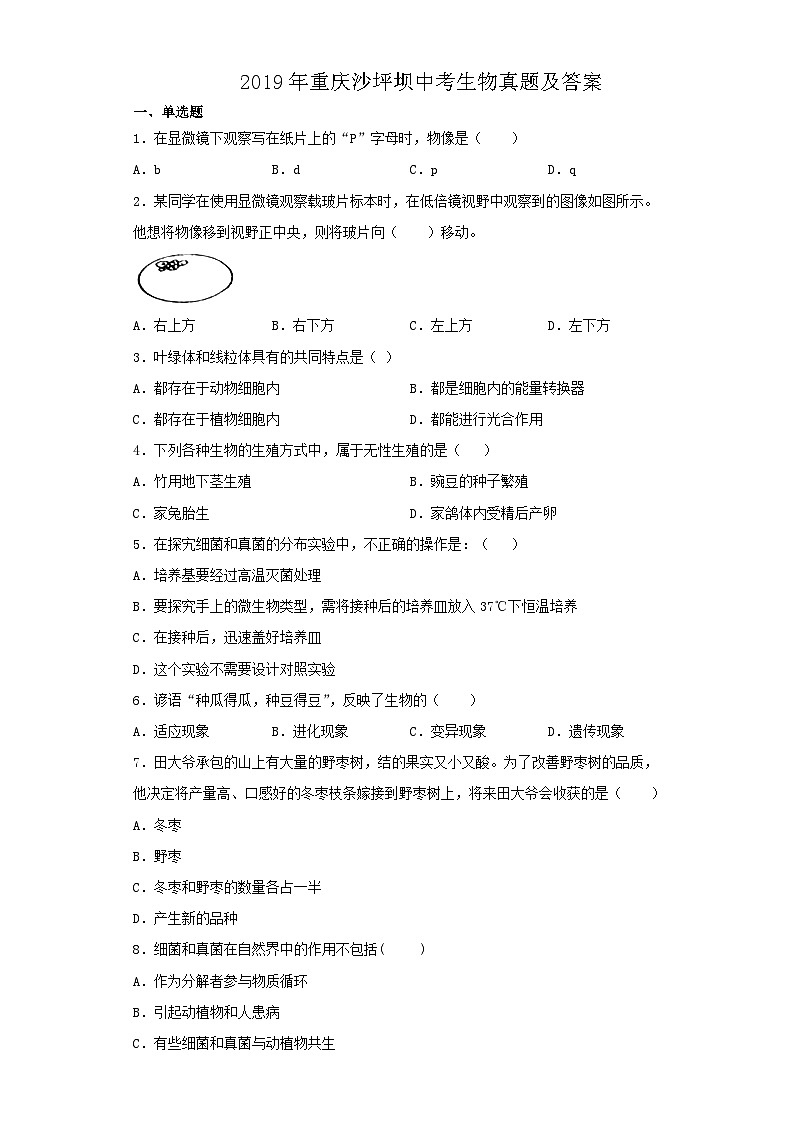 _2019年重庆沙坪坝中考生物真题及答案第1页