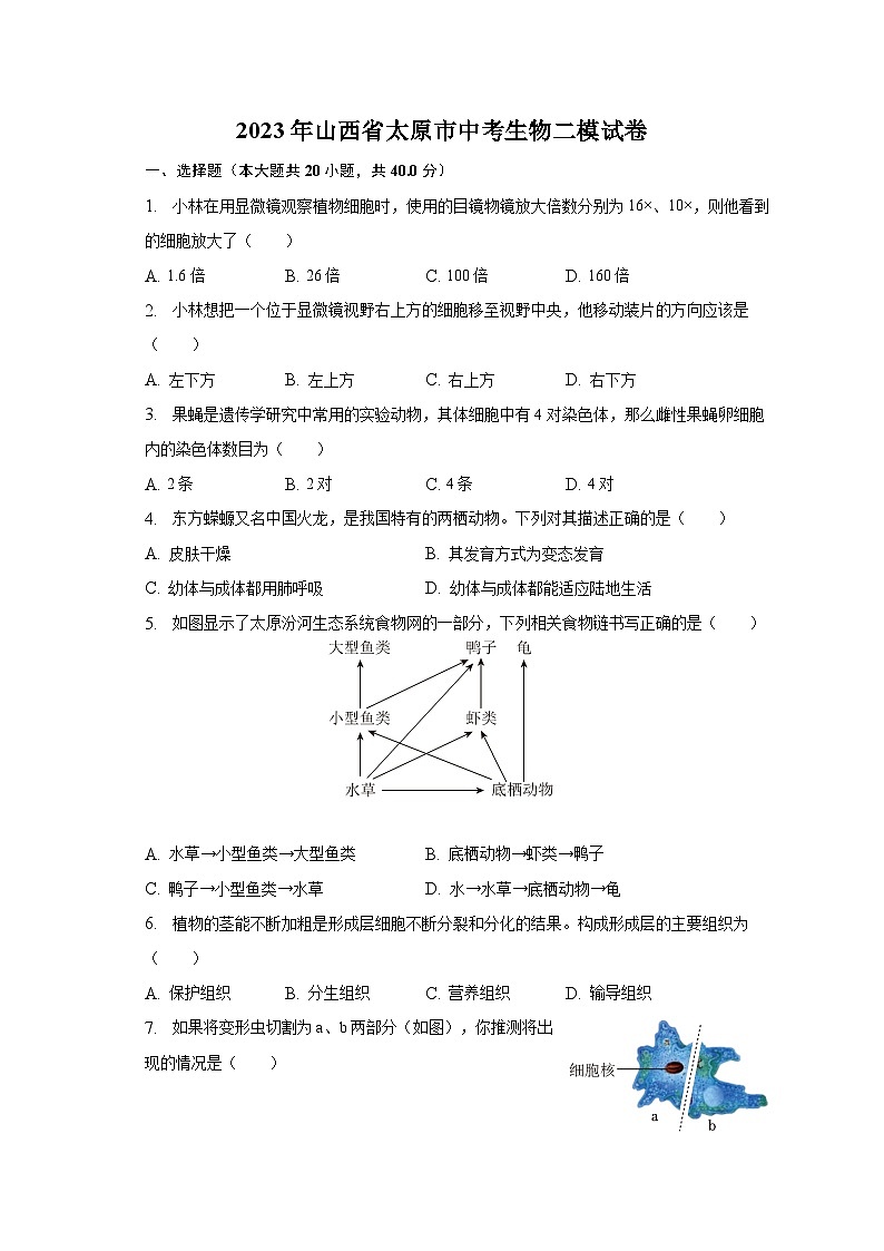 2023年山西省太原市中考生物二模试卷（含答案）01