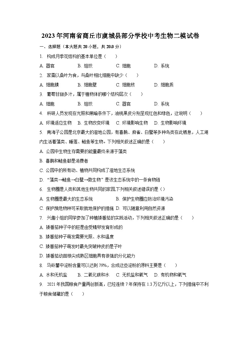 2023年河南省商丘市虞城县部分学校中考生物二模试卷（含解析）第1页