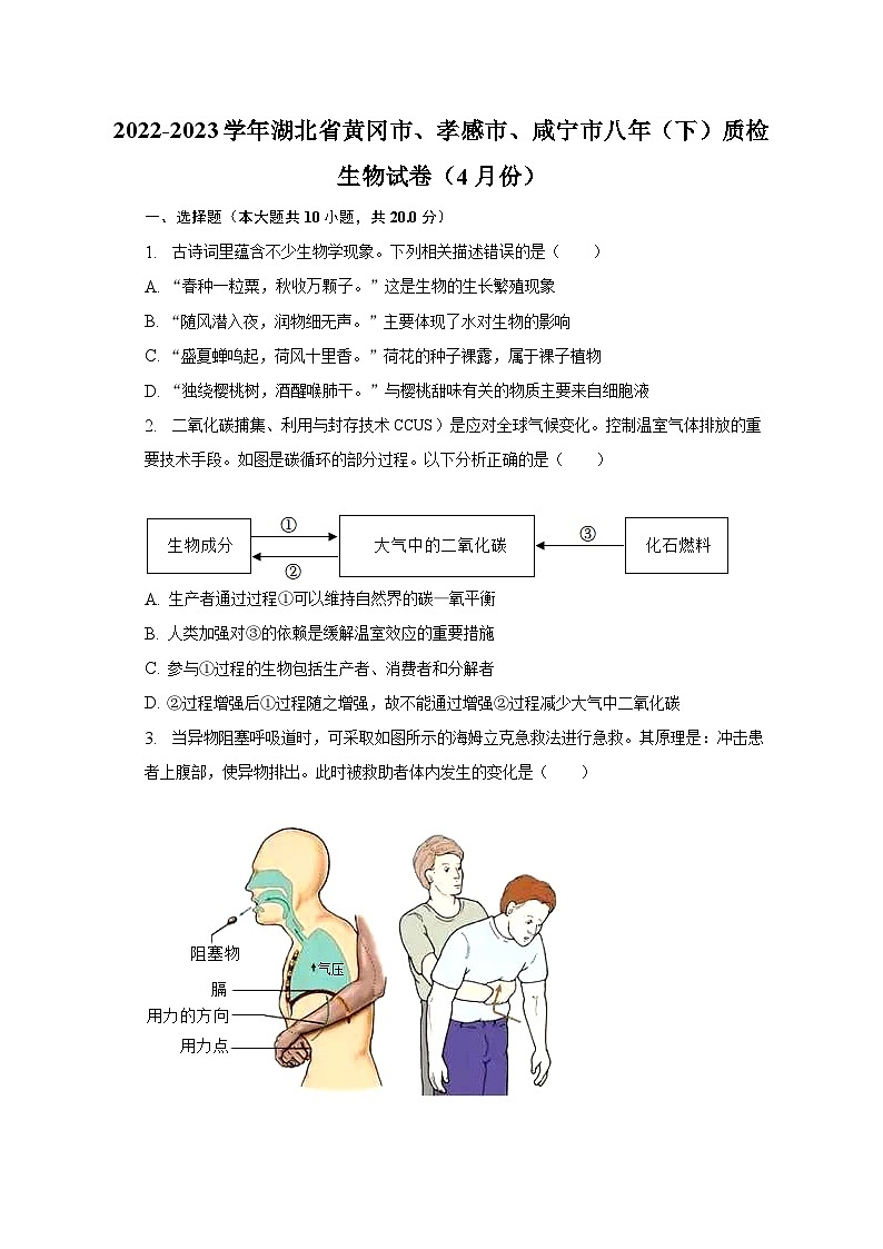 2022-2023学年湖北省黄冈市、孝感市、咸宁市八年（下）质检生物试卷（4月份）（含解析）第1页