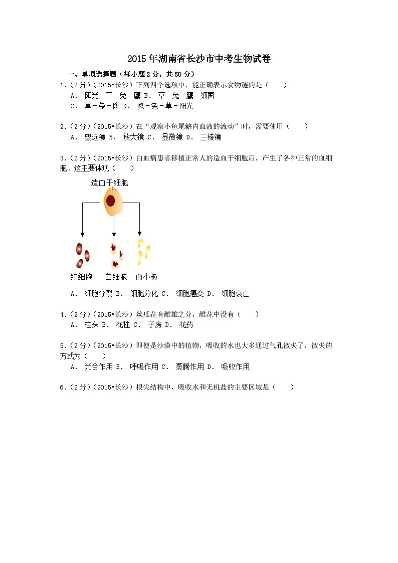 2015年湖南省长沙市中考生物试题及解析01