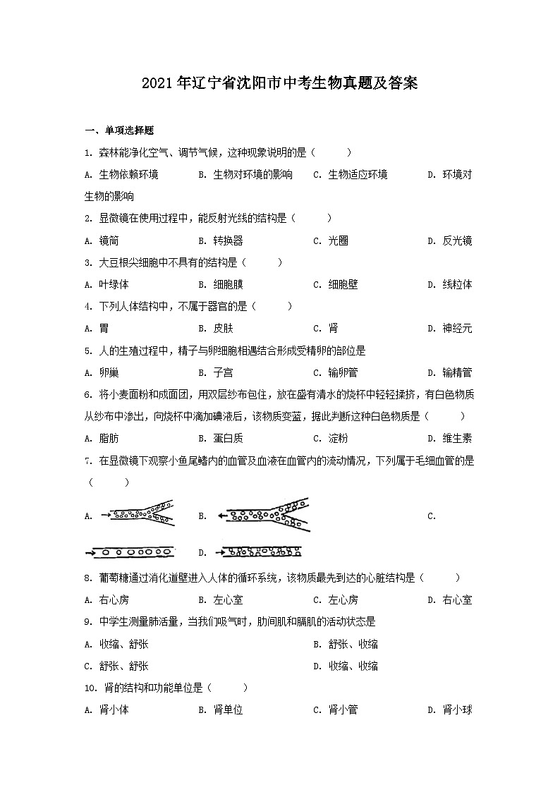 _2021年辽宁省沈阳市中考生物真题及答案01
