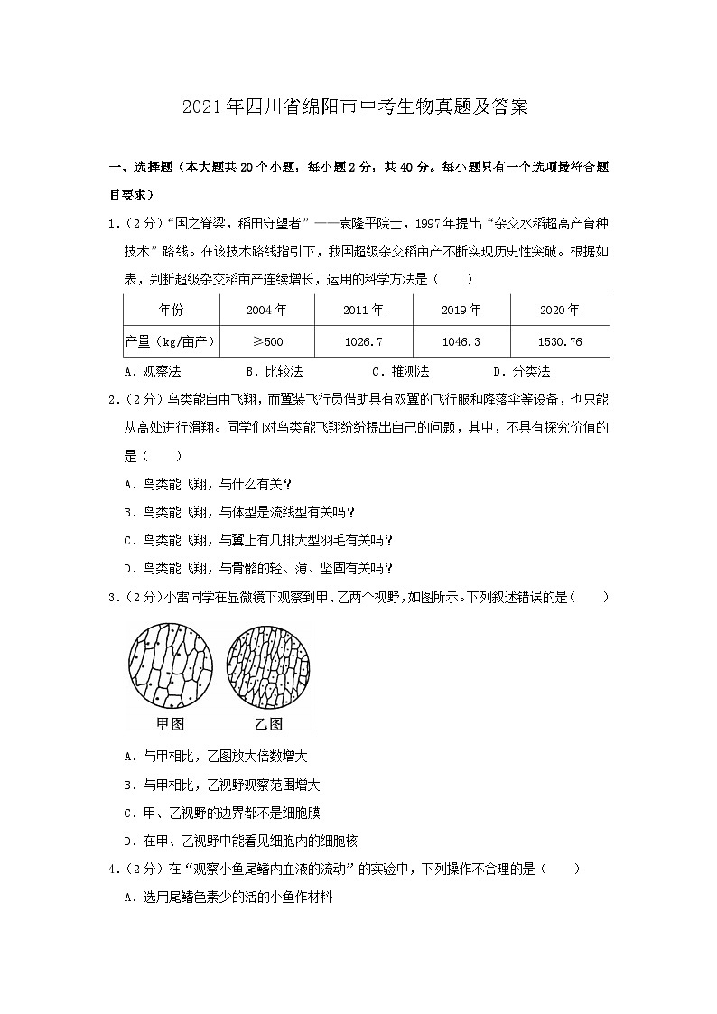 _2021年四川省绵阳市中考生物真题及答案01