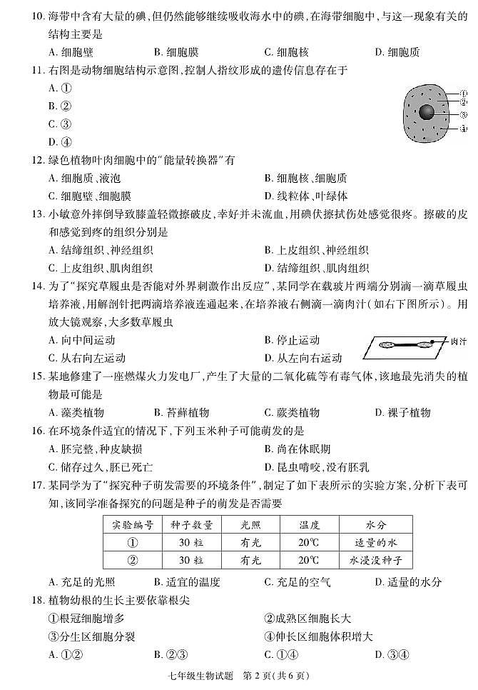 陕西省榆林市榆阳区2020-2021学年七年级上学期期末考试生物试卷第2页