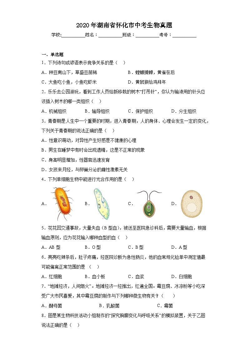 2020年湖南省怀化市中考生物真题（含答案）01