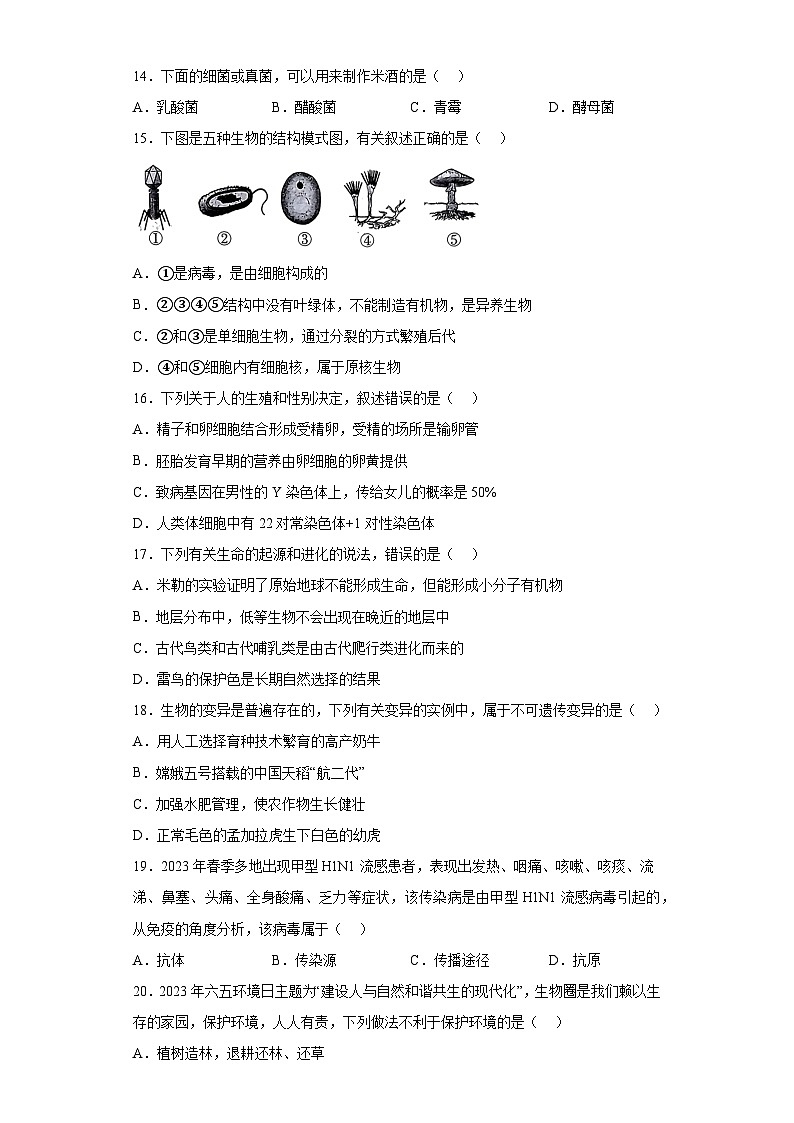 2023年河南省周口市扶沟县九年级联考三模生物试题（含答案）第3页