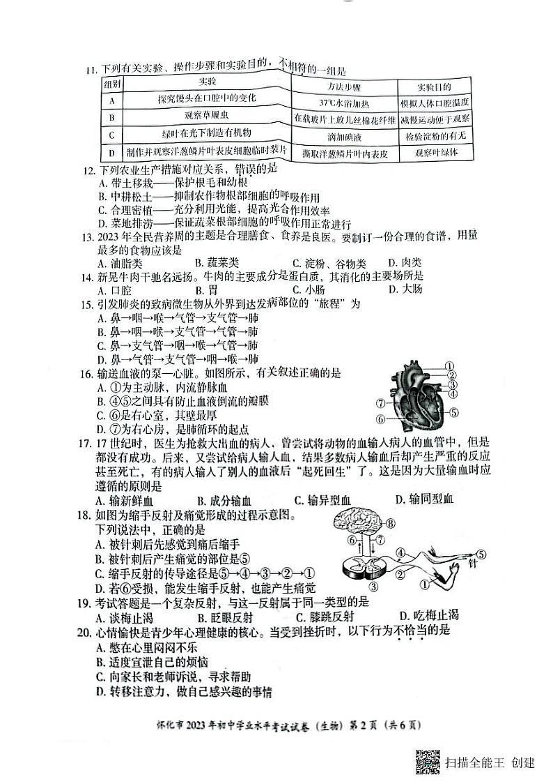 2023年湖南省怀化市中考生物中考真题02