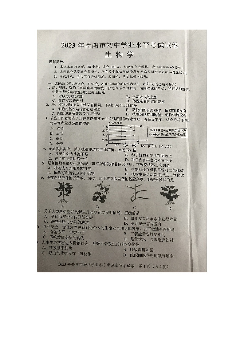 2023年湖南省岳阳市中考生物中考真题01