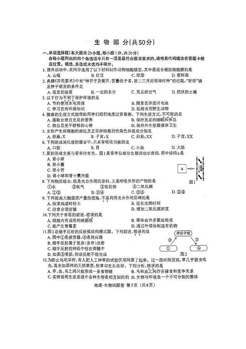 2023年江西省中考生物真题01