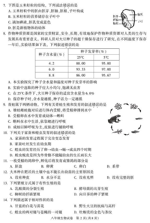 北京市朝阳区2022-2023学年八年级上学期期末检测生物试卷（选用）02