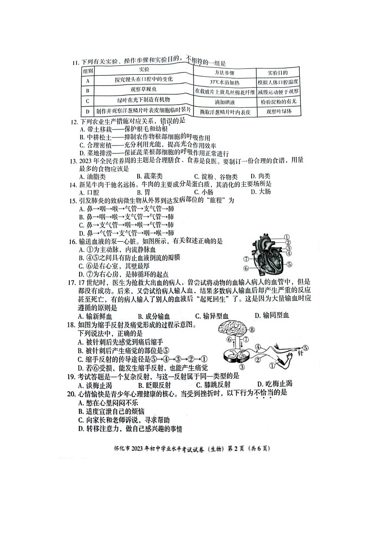 2023湖南怀化中考真题生物（图片版，无标答）第2页