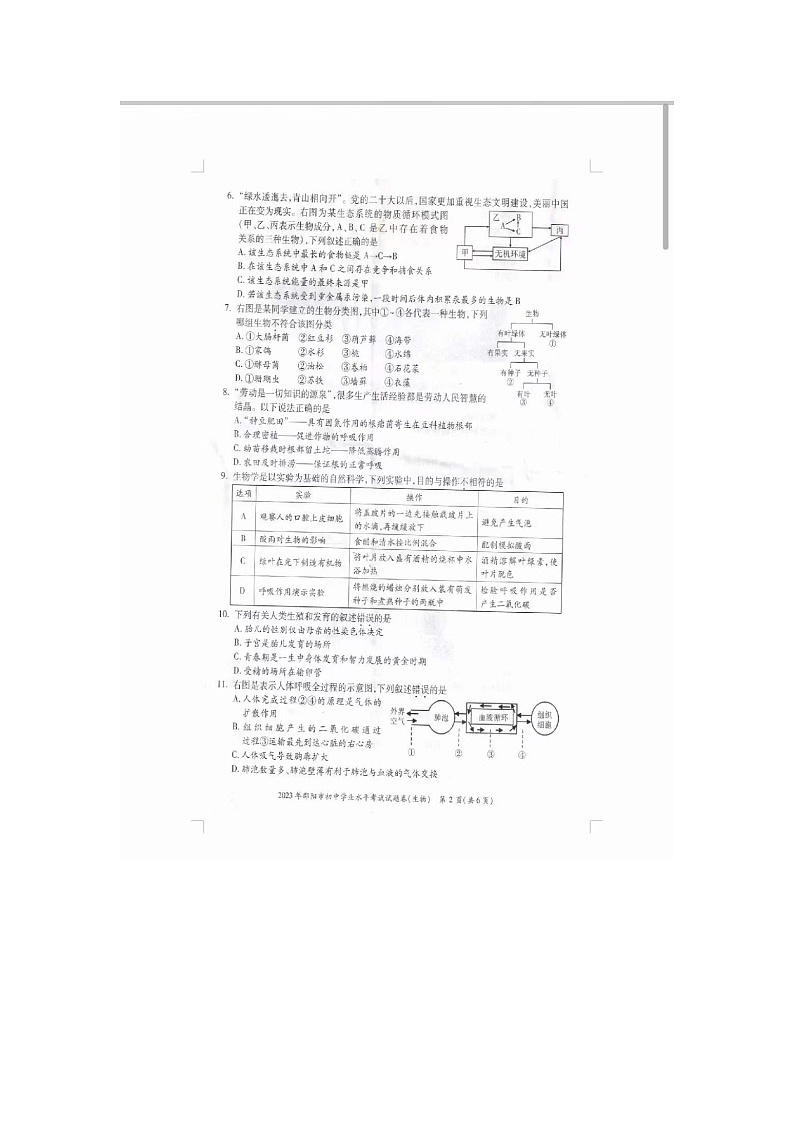 2023年邵阳生物真题(含答案)02