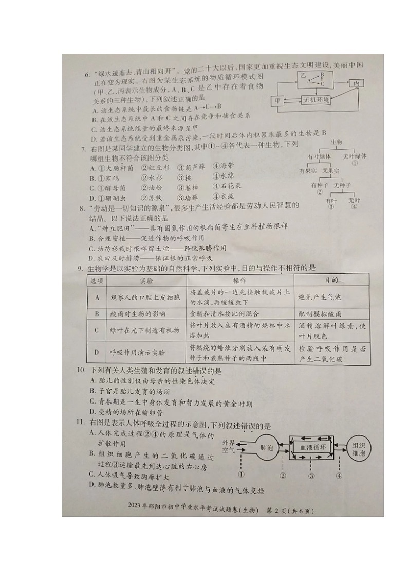 2023年湖南省邵阳市中考生物真题02