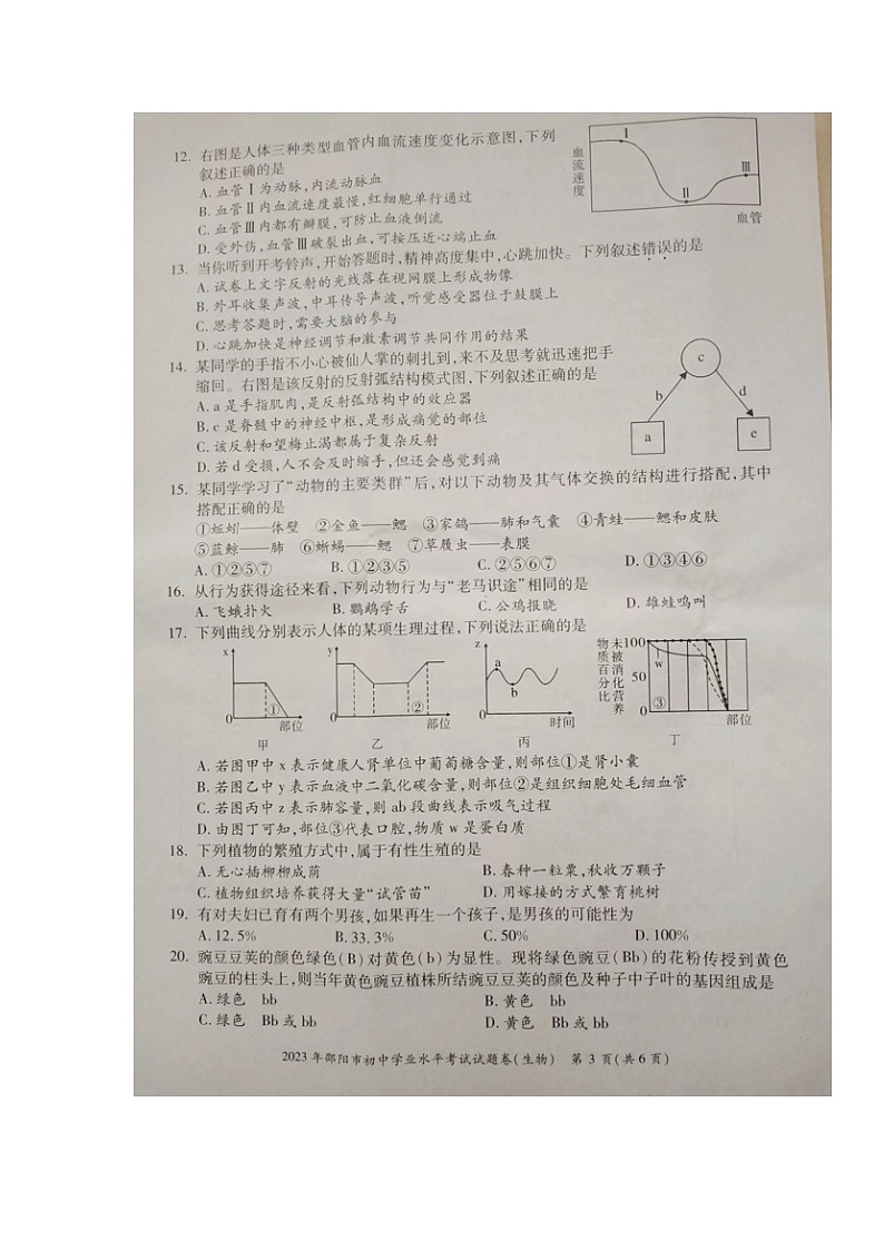 2023年湖南省邵阳市中考生物真题03