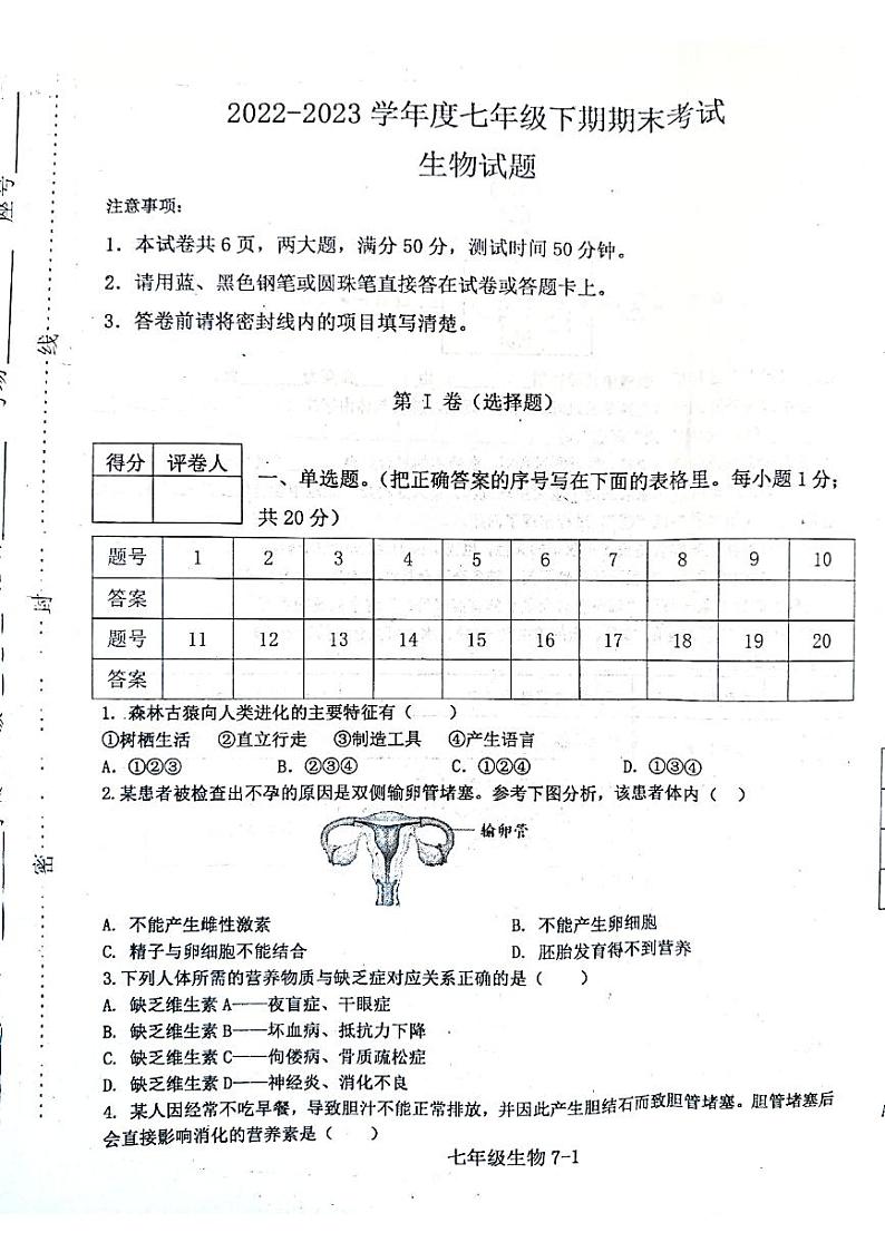 河南省信阳市淮滨县2022-2023学年七年级下学期期末生物试题01
