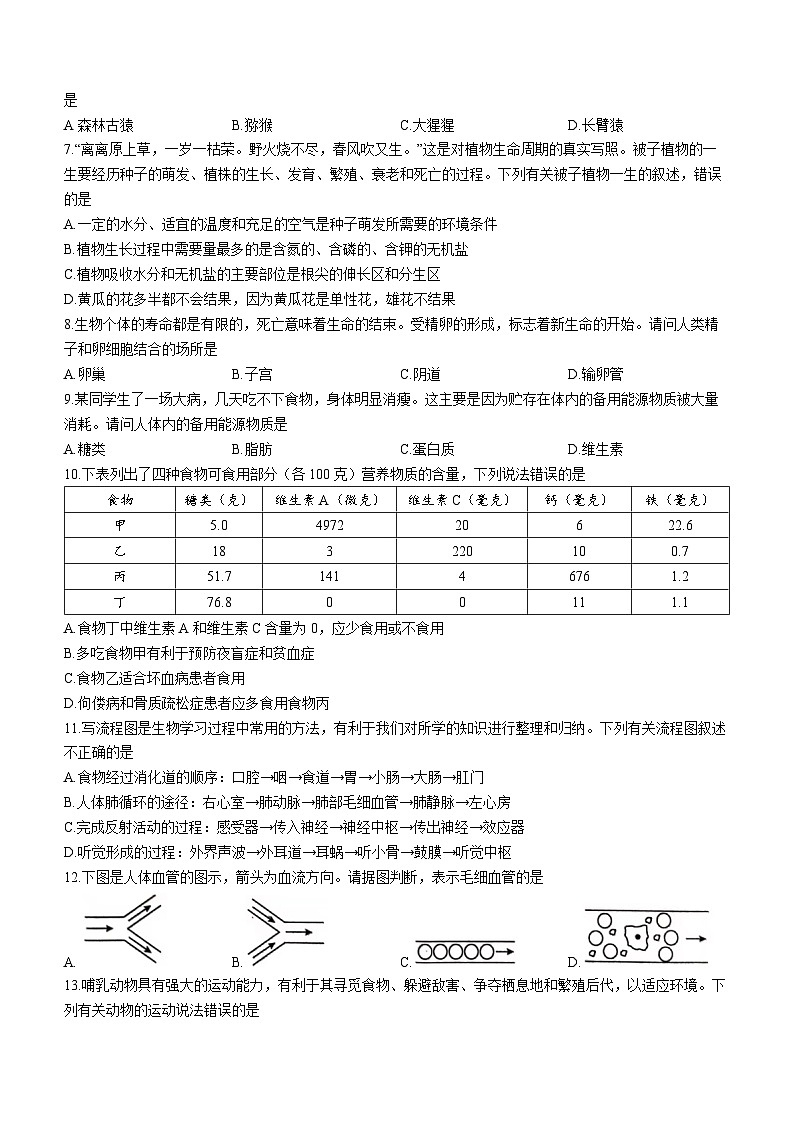 2023年湖南省衡阳中考生物中考真题(无答案)02